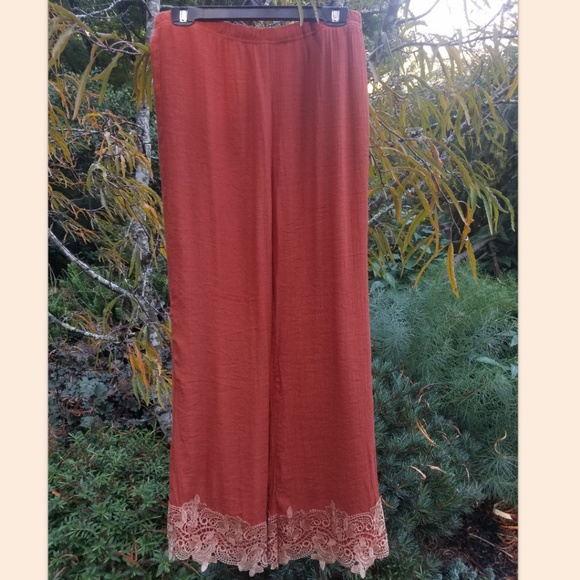 Linen Wide Leg Pants Embellished Cuff Rust NWT - Picture 2 of 5